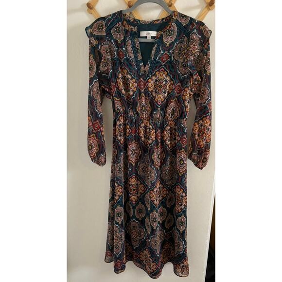 Loft Dress Women's Small Petite Tapestry Ruffle V Neck Midi Bohemian - Picture 2 of 11
